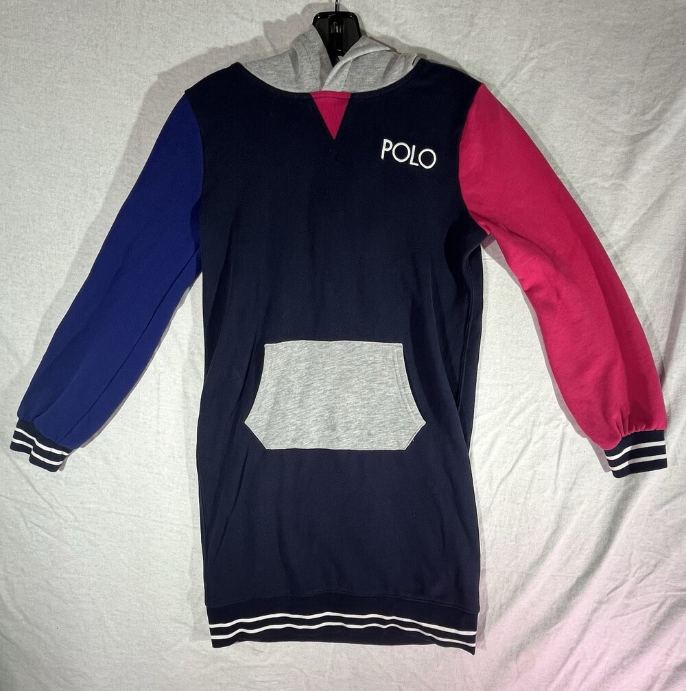 Womenโs Polo Ralph Lauren Colorblock Hoodie Dress Size XL 16 Navy Pink Blue Gray